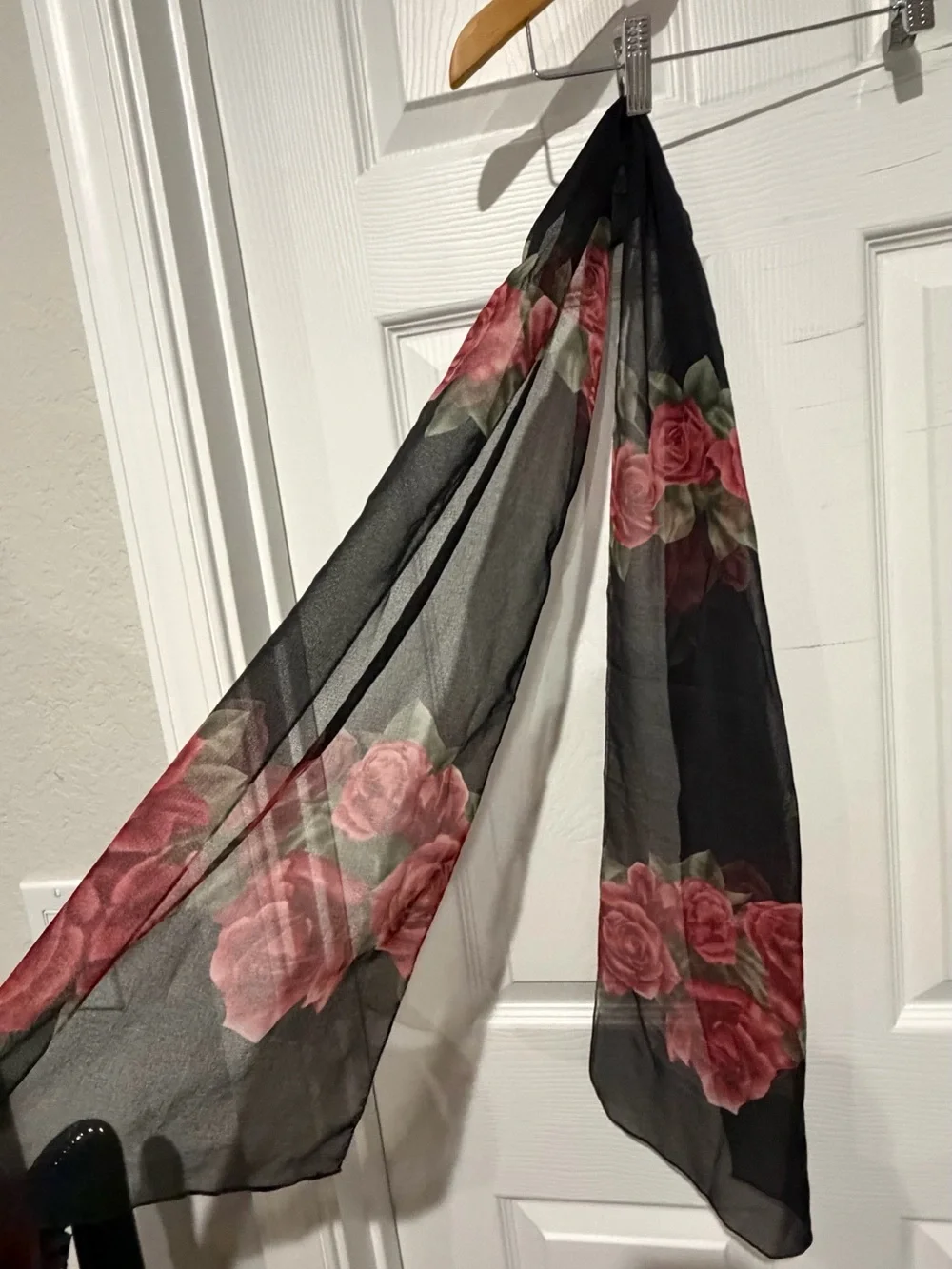 Black Floral Sheer Scarf with Pink Rose Pattern